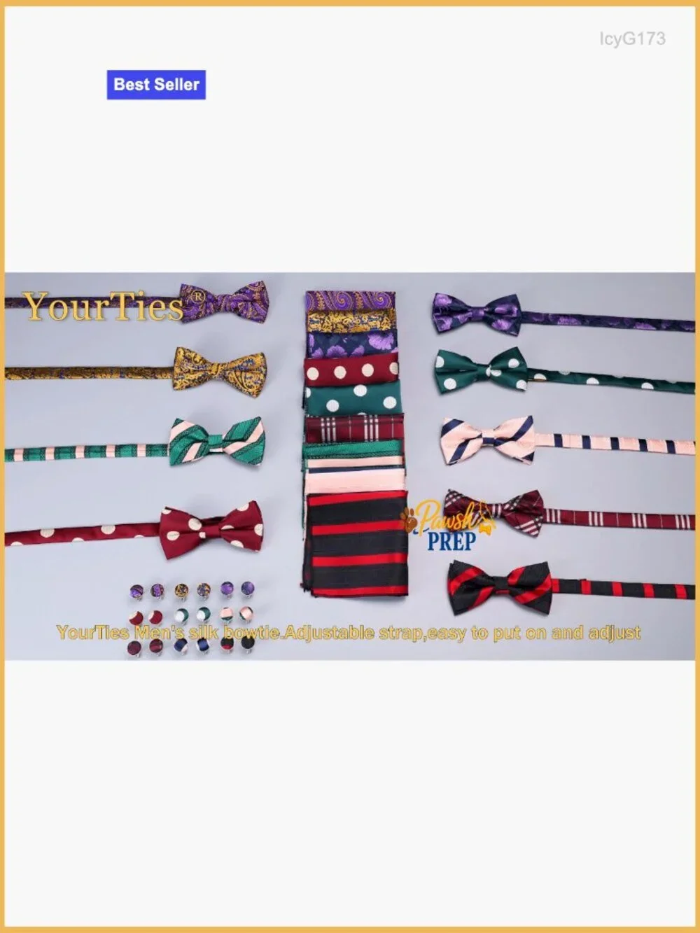 Silk Pre-Tied Bow Tie Set with Pocket Square and Cufflinks, Adjustable for